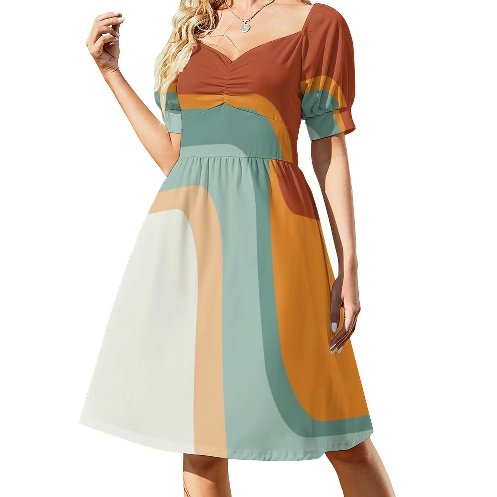 

Mid-Century Modern Rainbow Rust Orange Sage Mint Boho Short-Sleeved Dress luxury dresses Bridesmaid dress woman