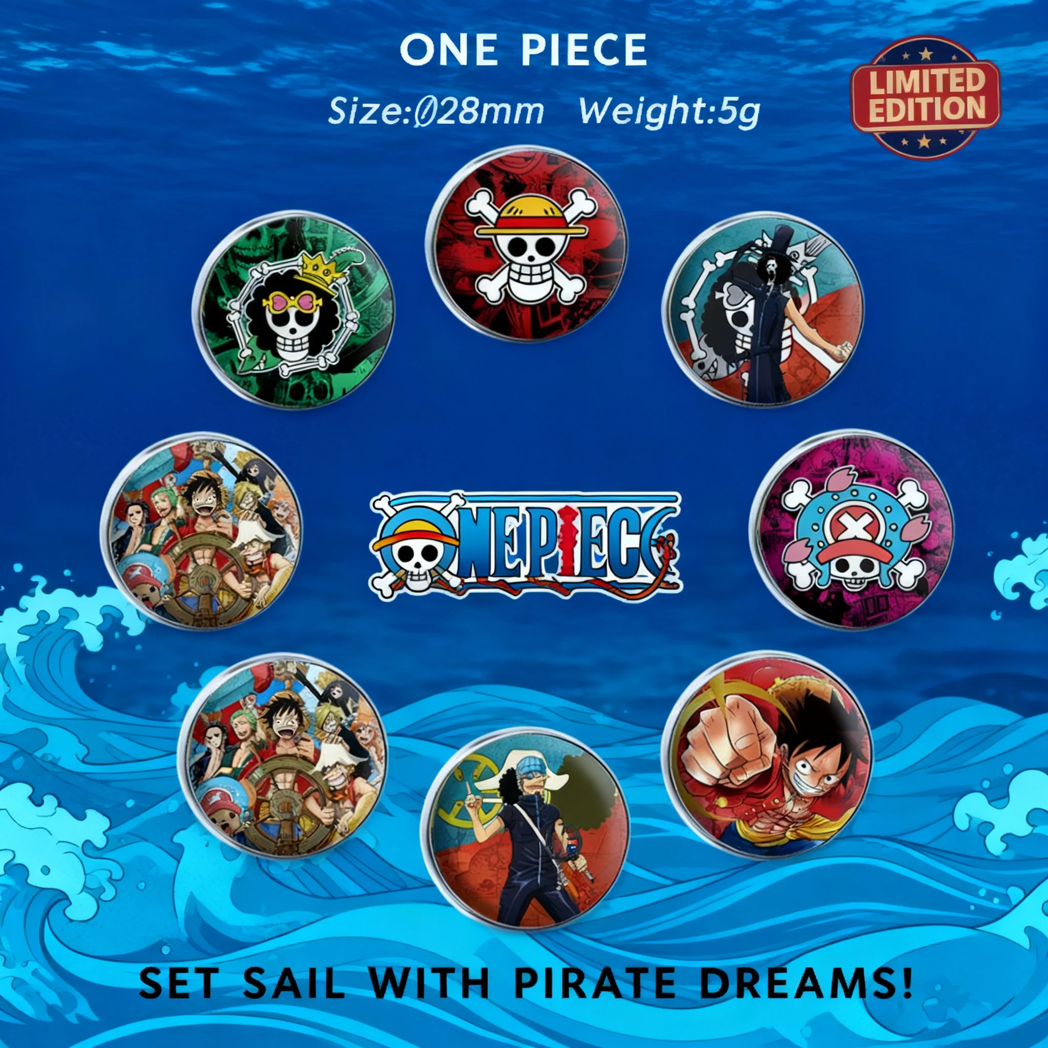 

One Piece Anime Crystal Gemstone Tin Brooch Luffy Zoro Nami Crystal Badge Clothing Decoration Pin Jewelry Accessories for