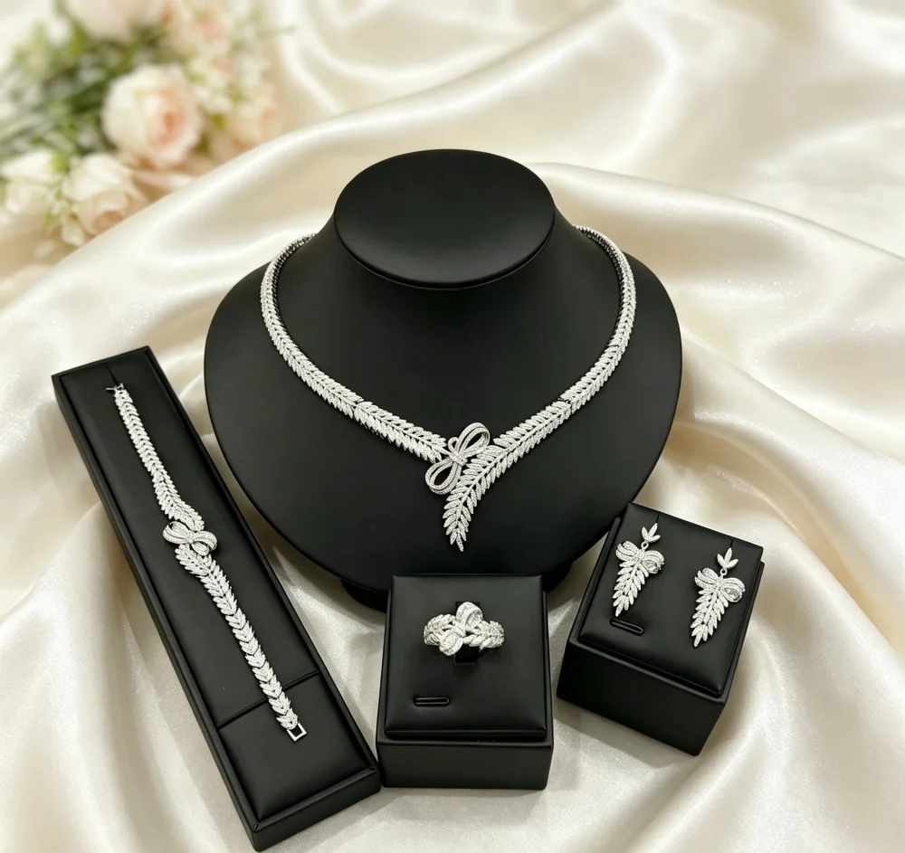 JRH Wedding Jewelry Set Sparkling Zirconia Earrings Necklace Ring Bracelet Collection for Women Dubai Bride