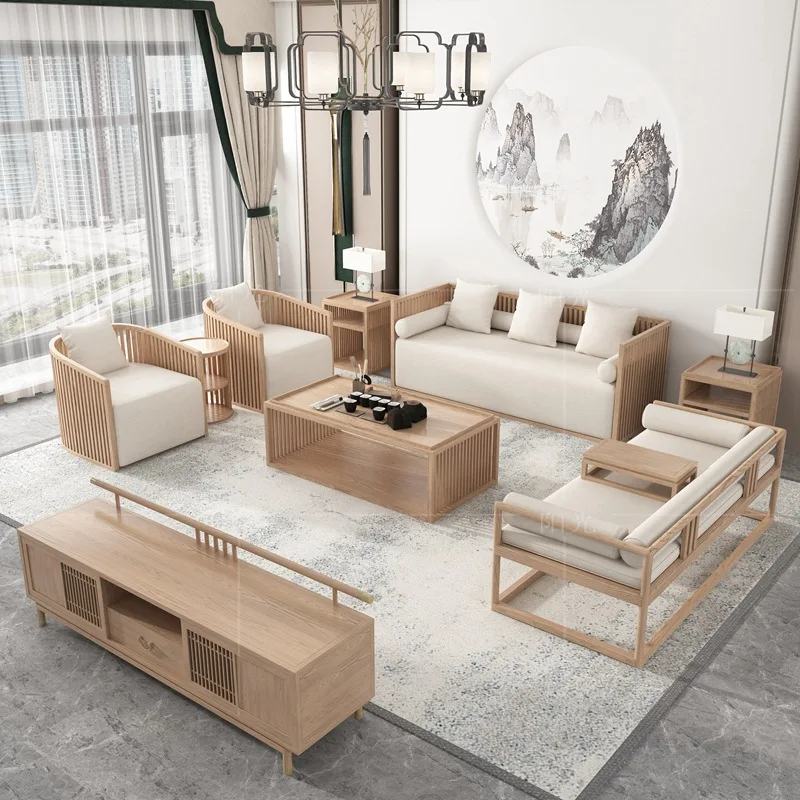 New Chinese solid wood sofa combination light luxury fabric Zen homestay teahouse club modern living room log color furniture