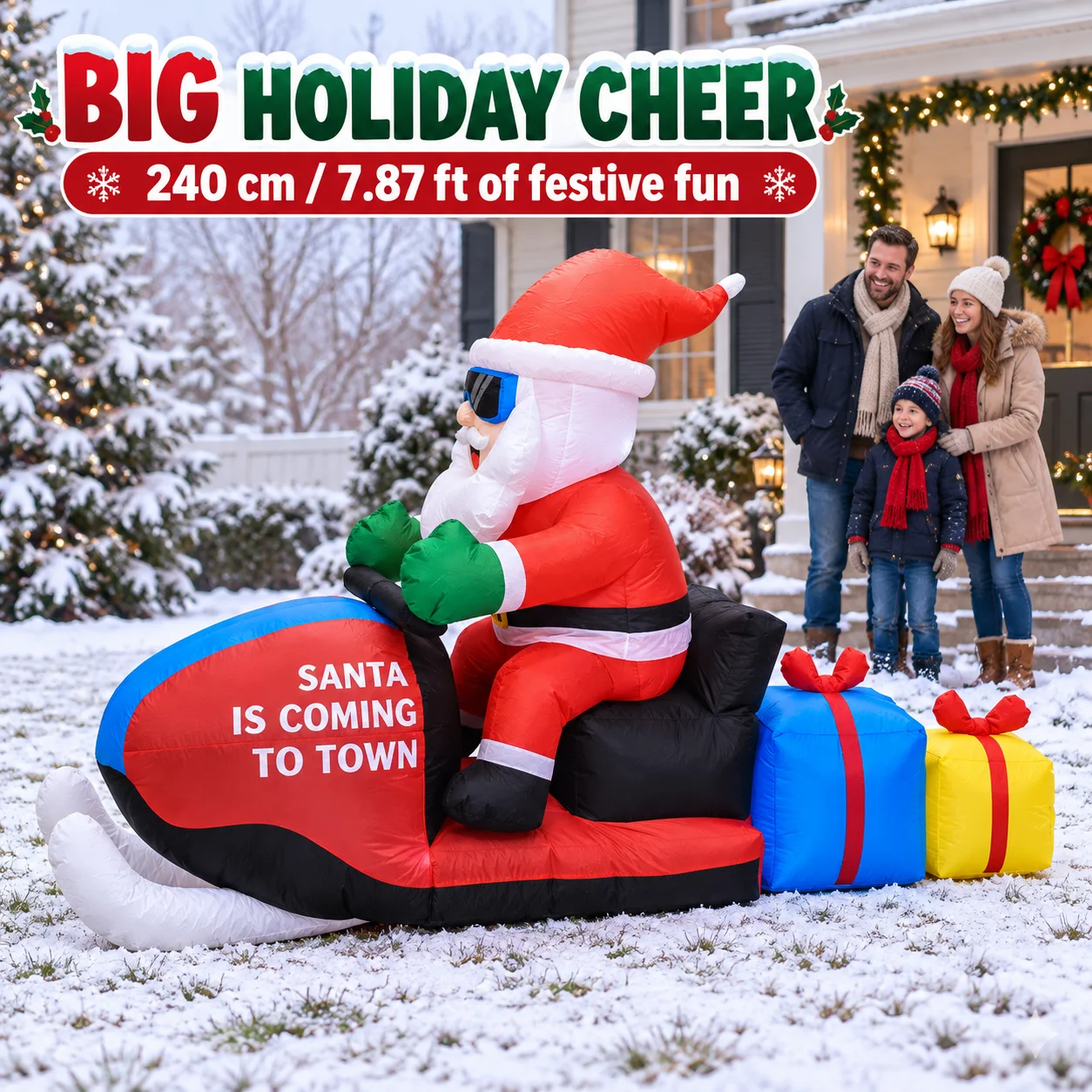8FT Christmas Inflatable Santa Claus on Snowmobile with Sunglasses LED Lights Blow Up Outdoor Yard Decoration Xmas Gift Boxes Inflatable Outdoor Toy for Holiday Party Garden Lawn Home Decor Cool Motorcycle Vehicle Prop with Sandbags Heavy Duty Blower