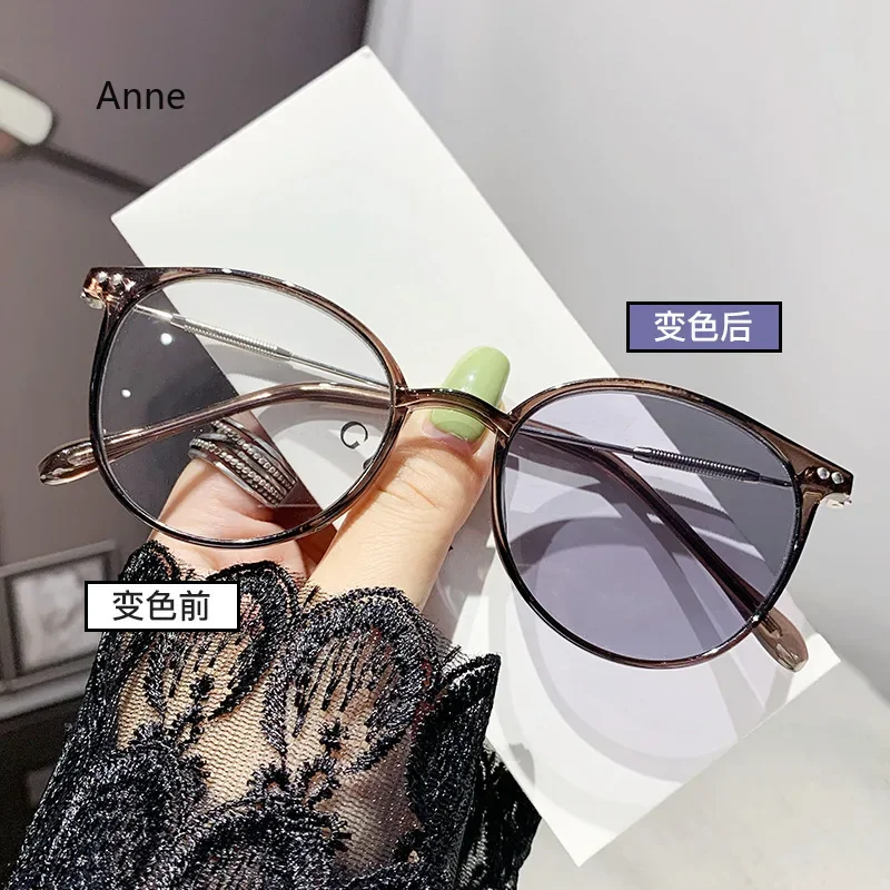 Intelligent Outdoor Color Changing Sunglasses Fashion Trend Women Men Round Photochromic Myopia Glasses Diopter 0 To-4.0 Eyewear