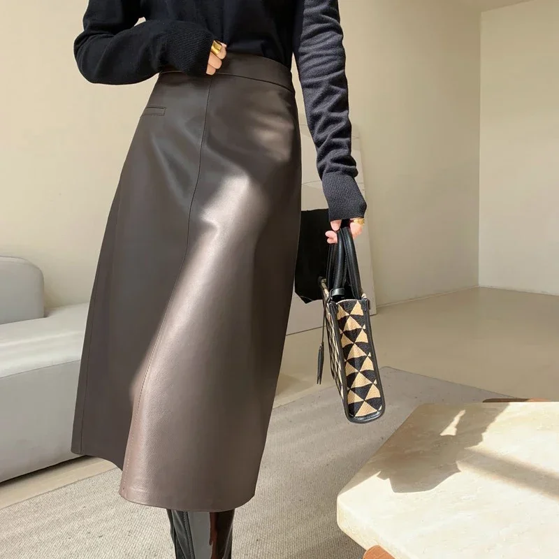 2025 Genuine Leather Long Skirt For Women High Sense Vintage A-line 70 cm Jupe Longue Femme Simple Maxi Apricot  Floor-Length