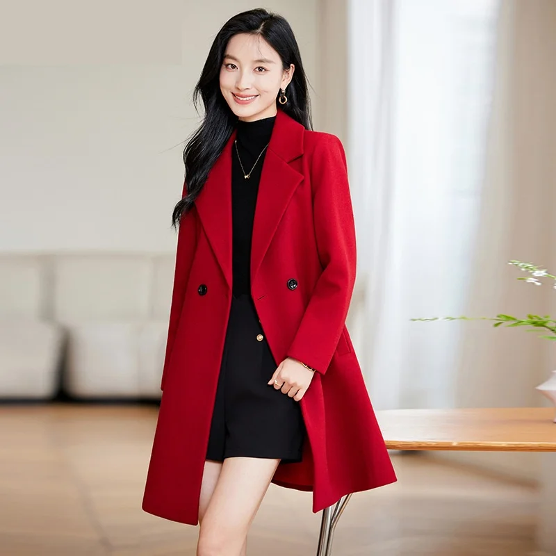 Autumn Winter Jackets Women Long Blazer New Solid Double-Breasted Woolen Windbreaker Coat Female Outerwear Ladies Office Blazers