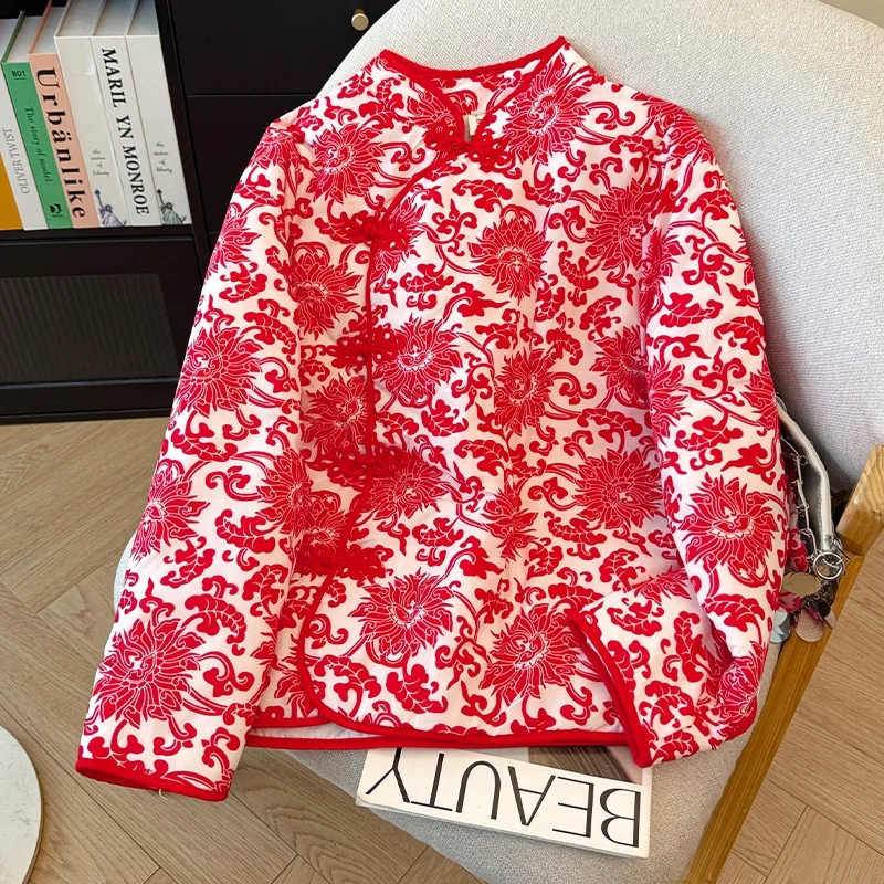 

Утепленная зимняя куртка для молодежи с цветочным принтом, теплая, в ретро-стиле, на пуговицах, в китайском стиле, прямого кроя, с длинными рукавами