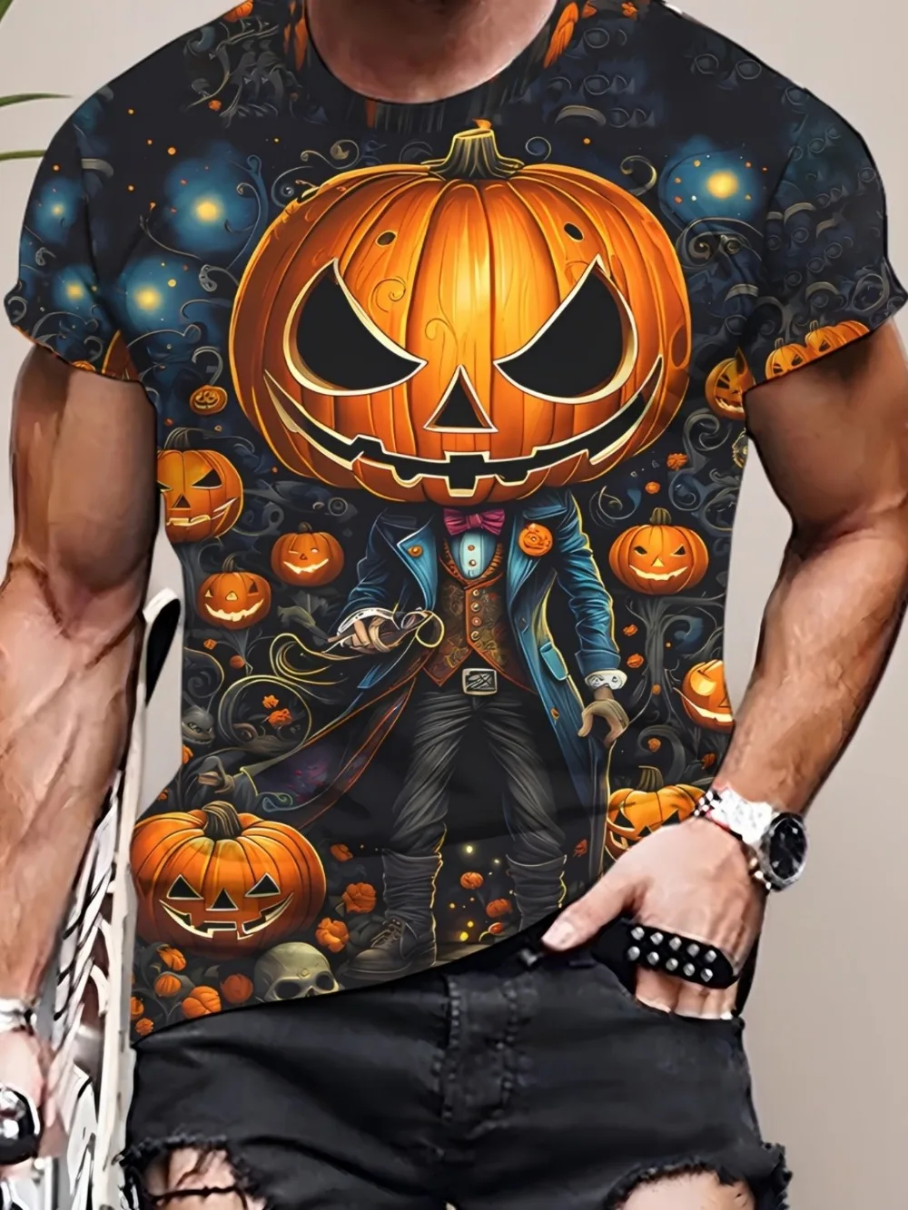 Halloween Fun Pumpkin Head 3D Print Men and Women Short-Sleeved Breathable Quick-Drying Casual Outdoor Sports Role-Playing Shirt