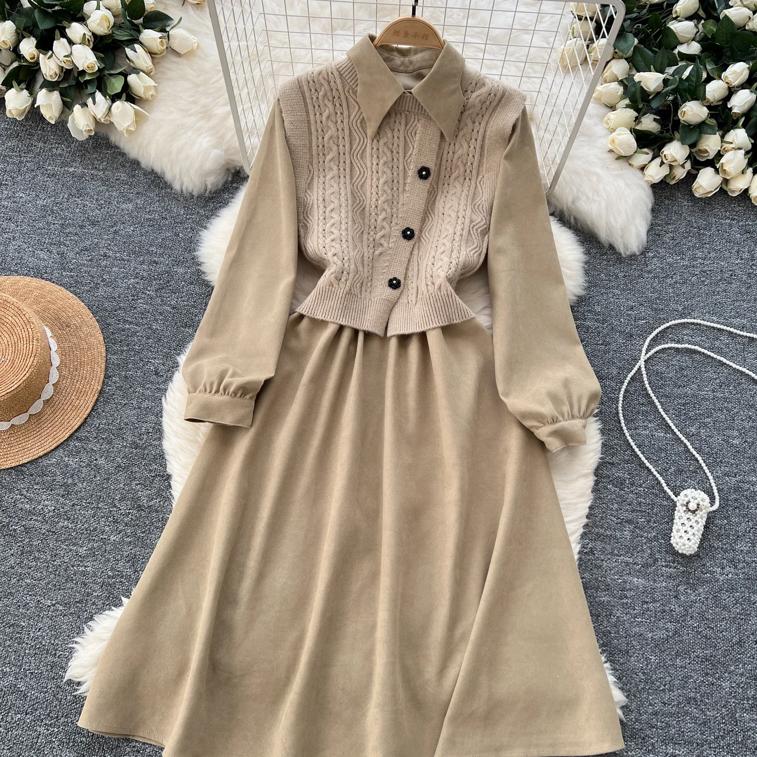 Women Two-Piece Sets Vintage Single Breasted Vest and Turn-down Collar Corduroy Dress Korean High Street Autumn Winter Clothing