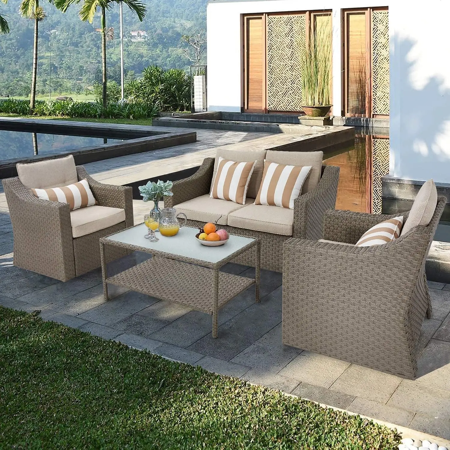 Set furnitur teras luar ruangan 4 potong percakapan, Set Sofa furnitur anyaman cuaca dengan meja kopi kaca canggih