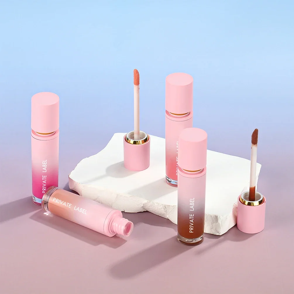 Brilho Labial Personalizado com Logo, Tubo Rosa com Boca Estreita, Efeito Água, Acabamento Veludo Matte, Maquiagem Hidratante por Atacado