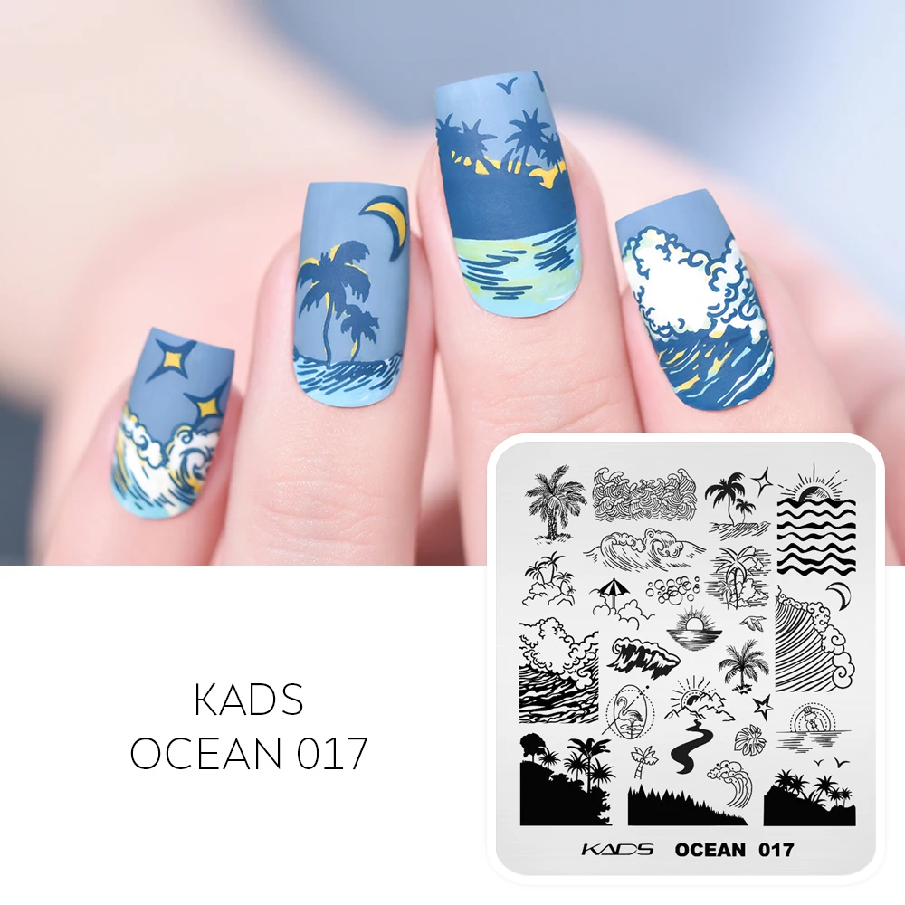 KADS Ocean 017 Nail Stamp Plates Wave Sunset Seagull Palm Tree Moon Design Templates Nail Art Stamps Image Plate Stencils