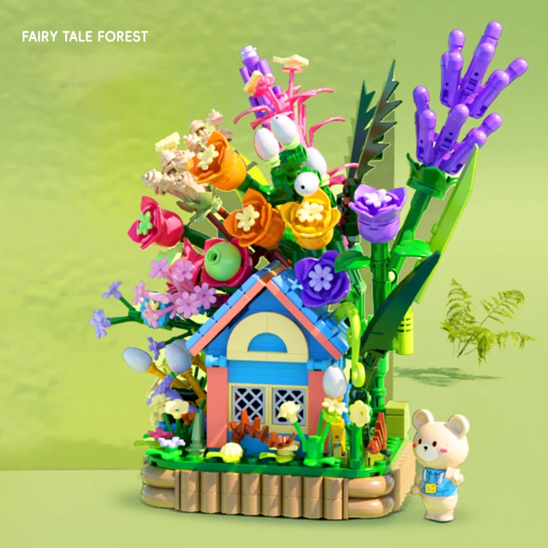 Little Bear’s Forest Cabin Building Blocks Warm Flower House Model Bricks Set With Light Kids DIY Toy Romantic Gifts For Girls