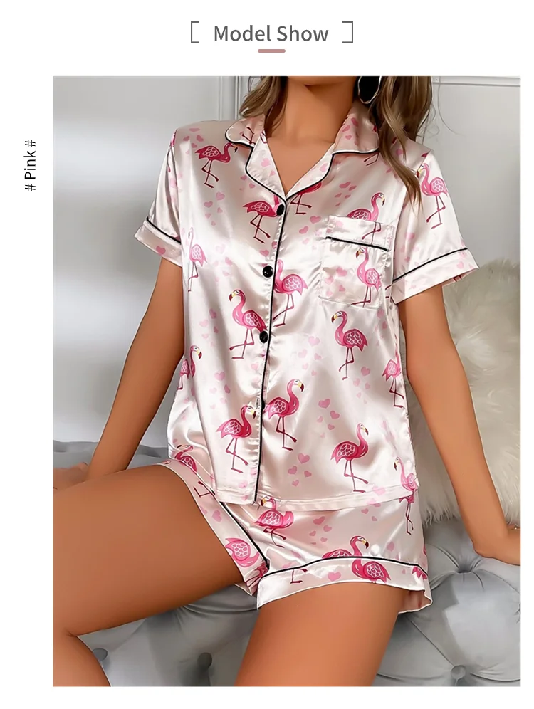 Damen-Pyjama-Set, Herz-Druck, Satin-Pyjama, lässig, kurzärmelig, Reverskragen, Oberteile und Hosen, Nachtwäsche und Loungewear für Erwachsene – Detail 5