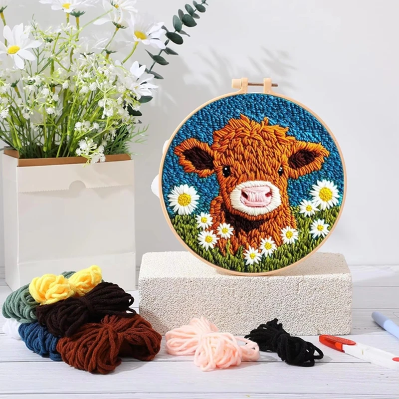 DIY Punch Needle Embroidery Starter Kits For Beginner Cartoon Cute Animals Poking Embroidery Yarn Painting Arts