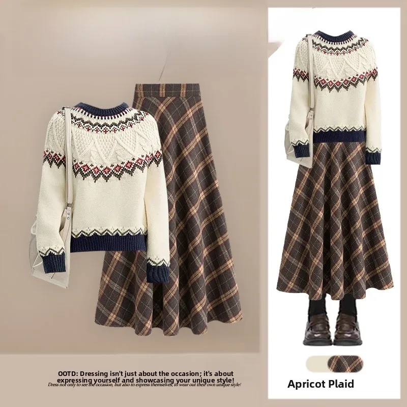 

Spring 2026 Gentle Sle Fair Isle Knit Sweater And Plaid Skirt Two Piece Set Women's Faion Ensemble Soft Color Blo