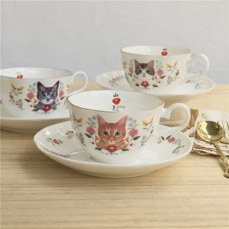 

English Style Kitten Coffee Cup Afternoon Tea French Girl Delicate Retro Style Cup Disc Set High Appearance Mugs Gifts