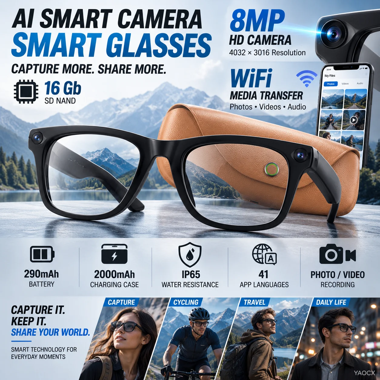 Smart Camera Glasses AI Photo Video Image Recognition WiFi Transfer 1508 Dual Stereo Speakers ENC Mic Charging Case 2027MT5 Mini