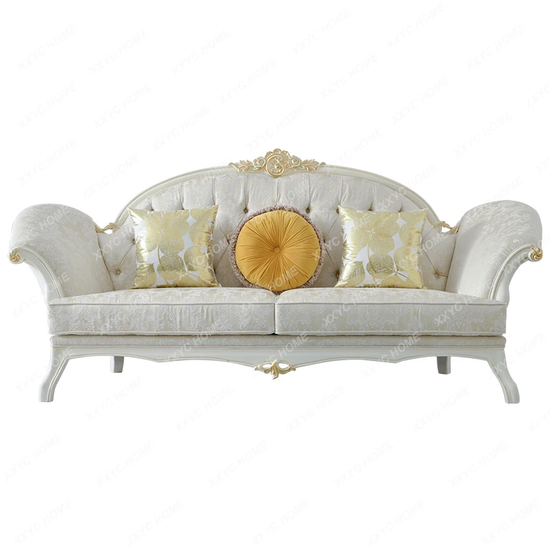 French Pastoral Style Fabric Sofa Combination Solid Wood Jacquard Fabric Pull Buckle Carved Sofa European Style Living Room