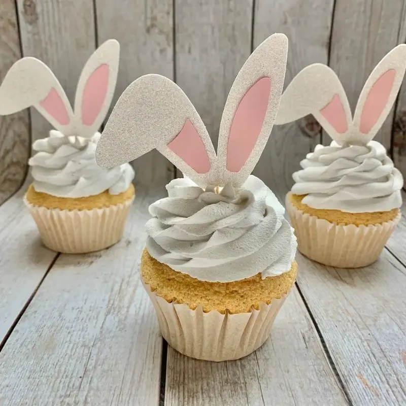 12/24pcs Bunny Ears Cupcake Topper Easter Rabbit Cake Decoration Kids Birthday Party Cake Dessert Decor Happy Easter Decorations