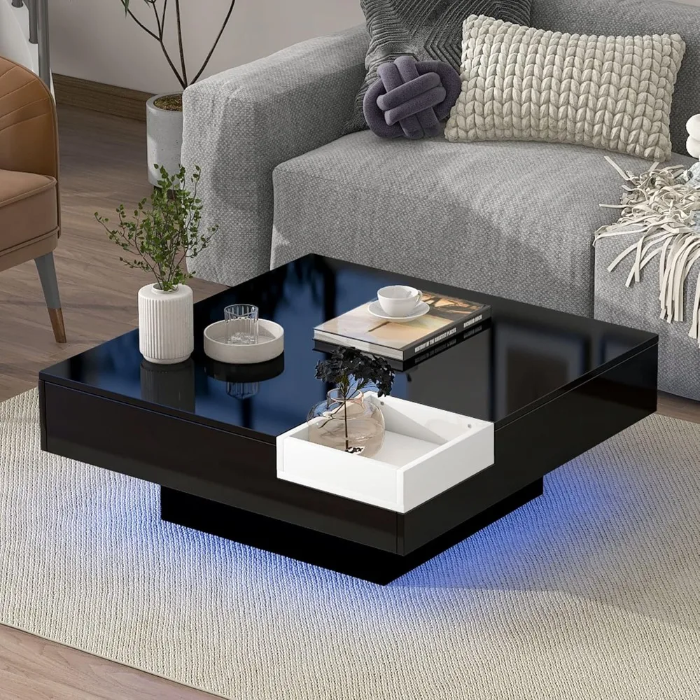 Coffee table modern minimalist design with removable tray and plug-in 16 color LED strip light living room remote, Café Tables