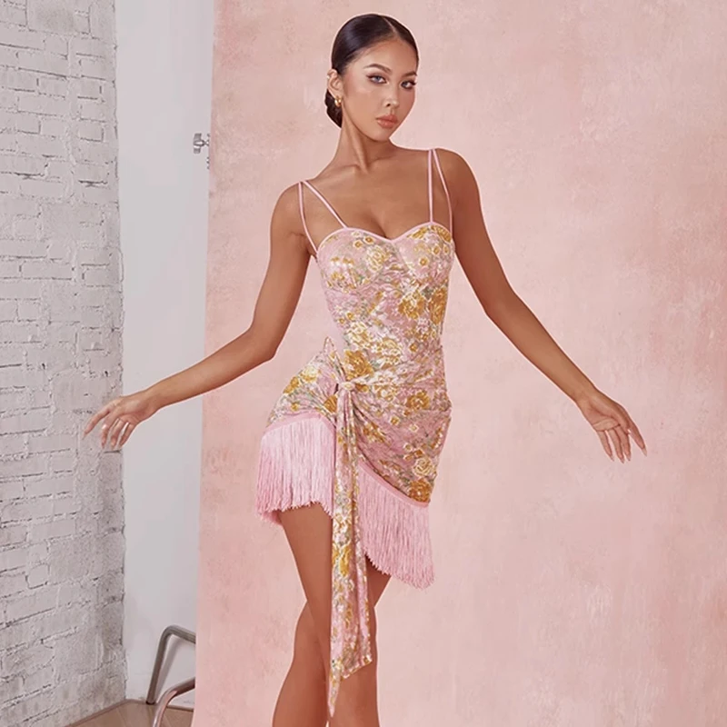 Costume de danse latine pour femmes, haut imprimé floral, jupe d'été, vêtements de pratique latine, Cha Cha Rumba, robe de spectacle de Salsa