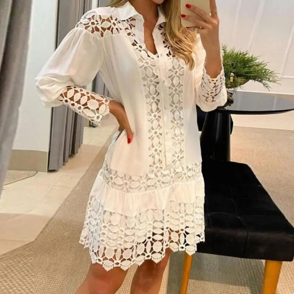 

Hollow Out Floral Solid Color Fashion Casual Sexy Guipure Lace Patch Shirt Dress Mini Dress