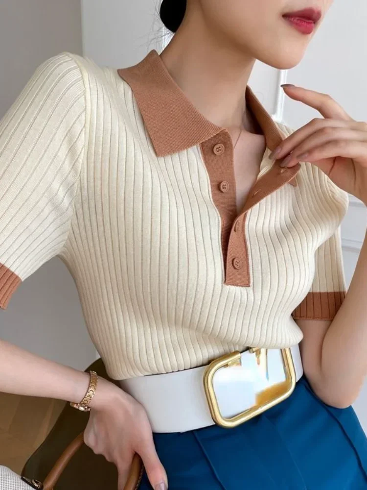 Women\'s T-shirt Ice Silk Knitting Slim Fit POLO Collar T-shirts for Women Summer 2024 Solid Fashion Elegant Crop Tops for Women