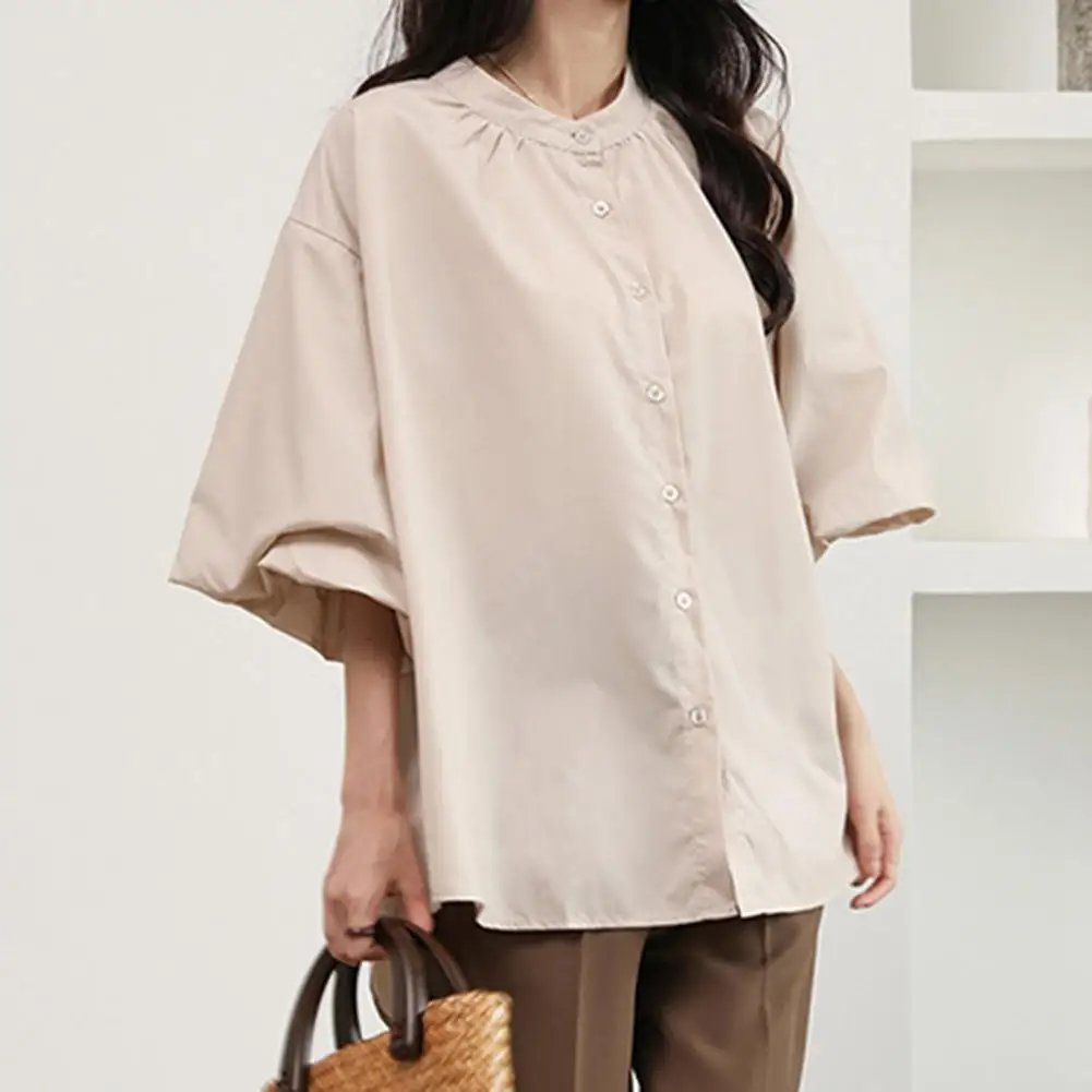 

Versatile Women Blouse Stylish Women's Round Neck Puff Sleeve Blouse for Work Leisure Casual Loose Fit Solid Color Top