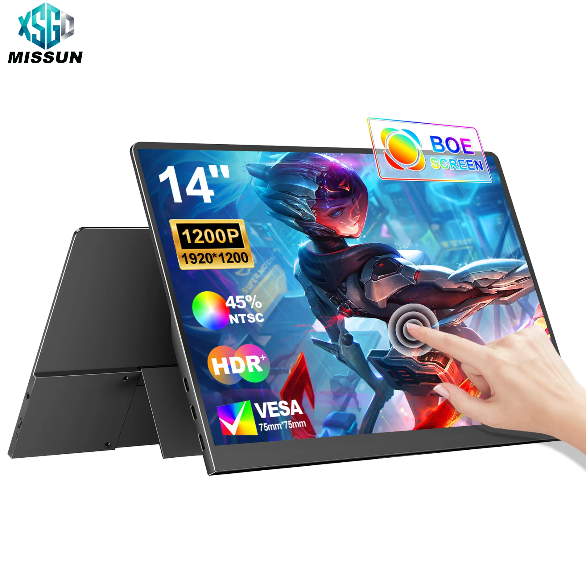 Monitor Portátil de 14 Polegadas 1920*1200 com Tela Sensível ao Toque e Não Sensível ao Toque 60HZ para Laptop, Xbox, PS4/5, Switch, TV Box, Celular e Extensão de PC