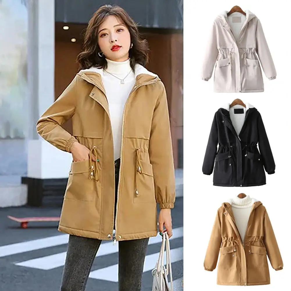 Soft Warm Women Coat Cozy Hooded Plush Women's Trench Coat with Warm Zipper Closure Mid Length Fall Winter Solid for Weather