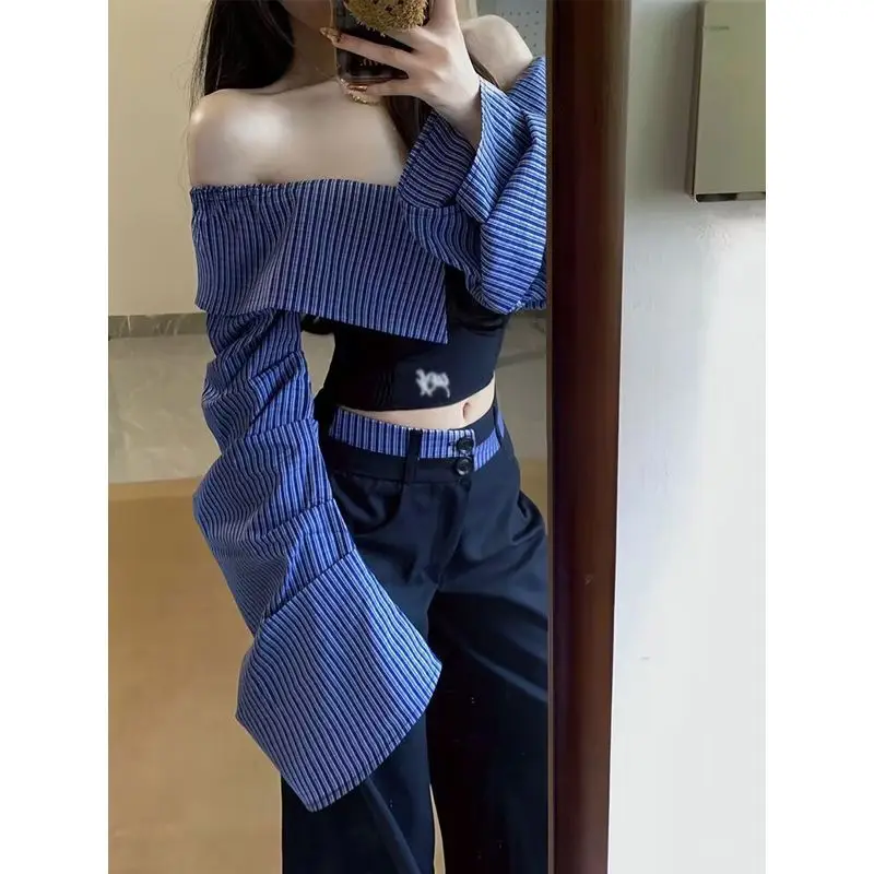 2025 New One-Shoulder Striped Patchwork Blouse Women Waist-Cinched Loose Fashion Casual Pants Two-Piece Set