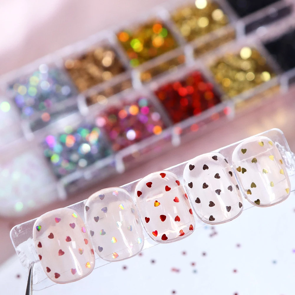 12 Gitter 3D Mini Herzchen Stern Nagelkunst-Pailletten 1mm Holographische Pentagramm-Nagelflocken Liebes-Pailletten für Nagelkunst-Dekorationen – Detail 3