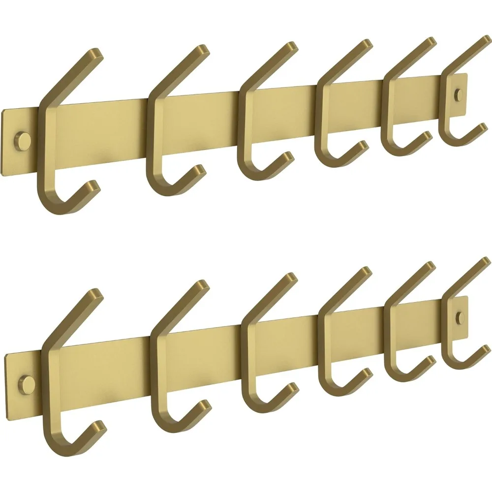 

Настенная вешалка для одежды с 17-дюймовой перекладиной и 6 двойными крючками для прихожей, ванной, спальни, кухни, золотистая отделка, 2 штуки в упаковке