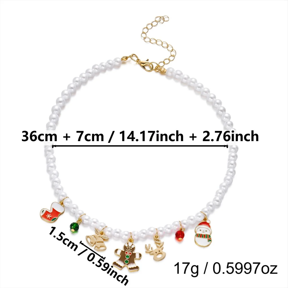 Weihnachts-Charm-Halskette mit Imitationsperlen für Damen, Emaille-Anhänger mit Lebkuchenmann, Schneemann und Rentier, verstellbarer Feiertagsschmuck, Geschenk – Detail 3