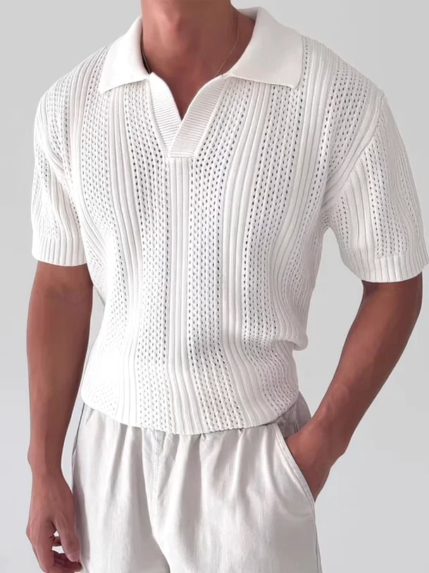 Men's Knitted  Shirt Hollow out Short Sleeve Ice Silk Cool Mesh Eyelet Breathable Standard Fit Summer T-Shirt
