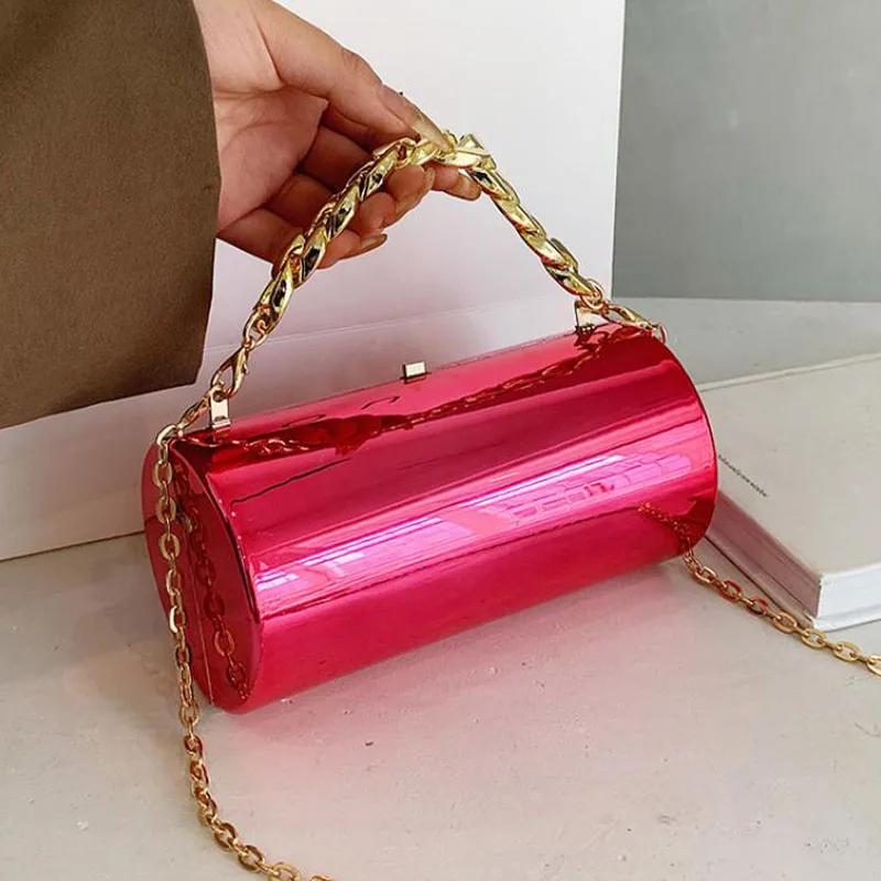 PVC Acrylic Round Cylinder Clutch Handbag with Chain Top Handle Women Shoulder Lipstick Bags Designer Small Lady Messenger Purse