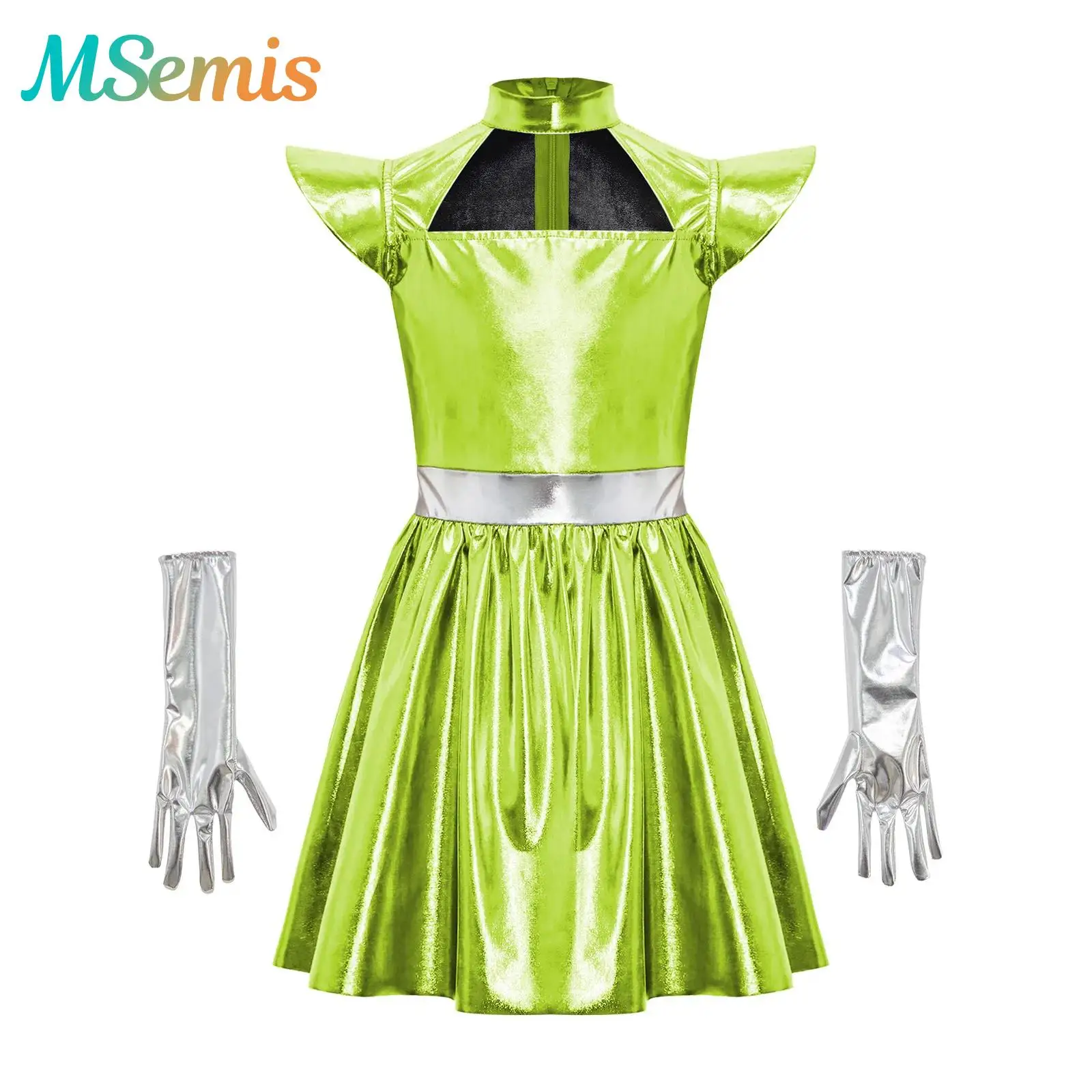 

Girls Metallic Alien Outer Space Cosplay Dress Performance Costume Back Zipper Ruffled Robot Astronaut Dress with 1 Pair Gloves