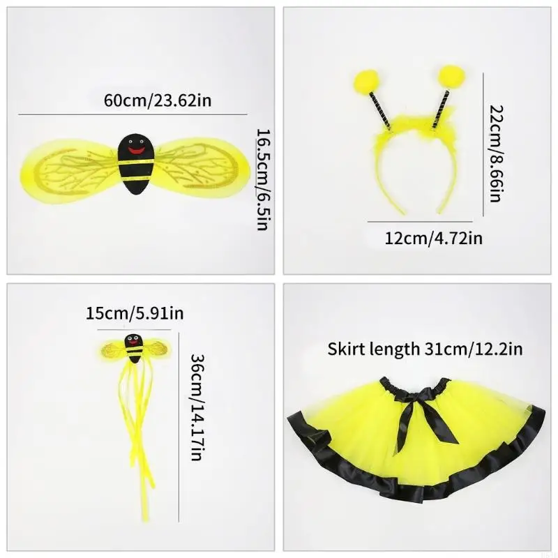 H58E bijen Fairy -kostuums met rokbijen vleugel sprookjesstaf en haarring voor kinderjongen meisje verjaardagsfeestje,