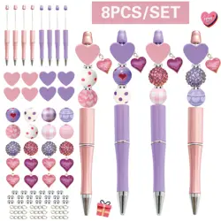 8PCS Pink Purple Love Valentine's Day Theme DIY Beaded Ballpoint Pen, Wood Bead, and Alloy Pendant Set,Office&Study Supply