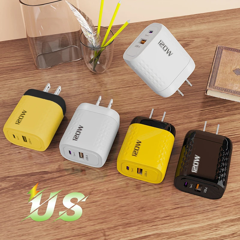 Cargador USB tipo C para Iphone, teléfono Android, tableta, USB-C, adaptador de corriente de pared de carga rápida, enchufe para UE, EE. UU., Reino Unido, viaje de negocios, 120W