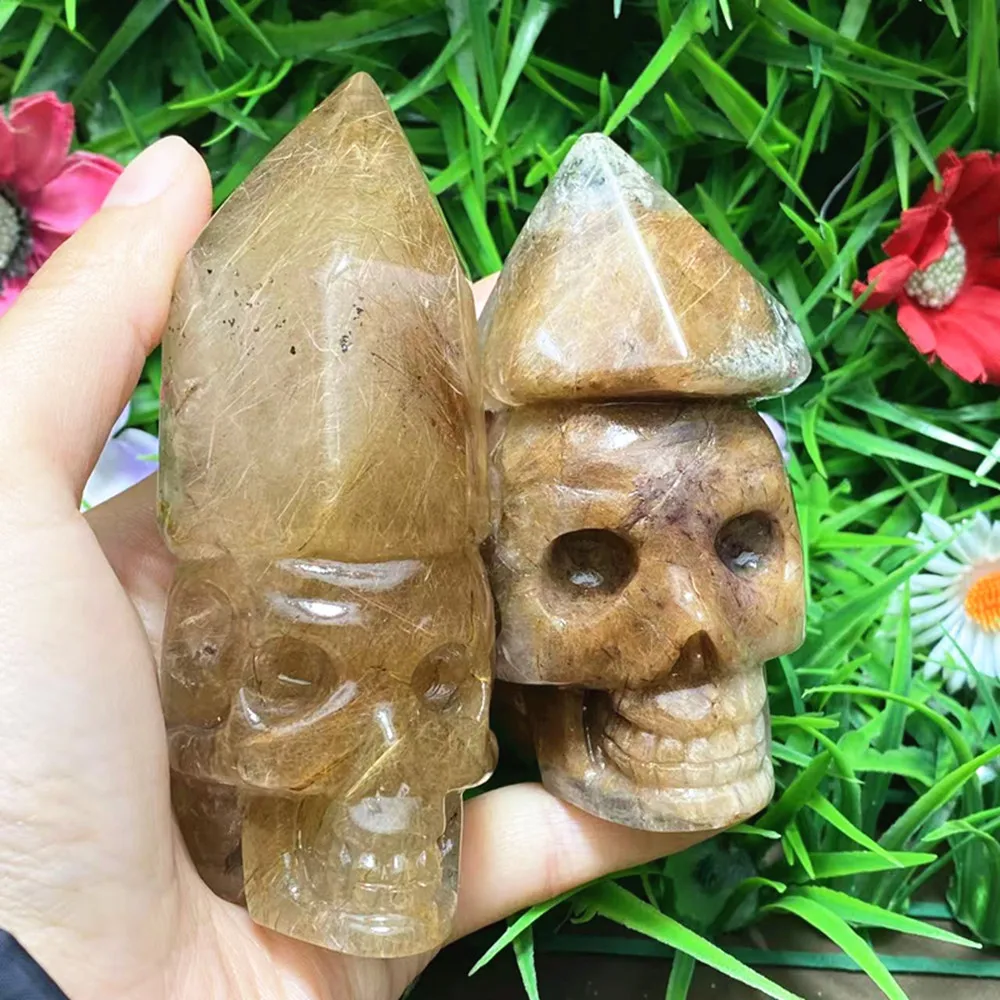 Natural quartz crystal Red rabbit hair citrine green Dongling hair gold hand carved skull home decoration chakra