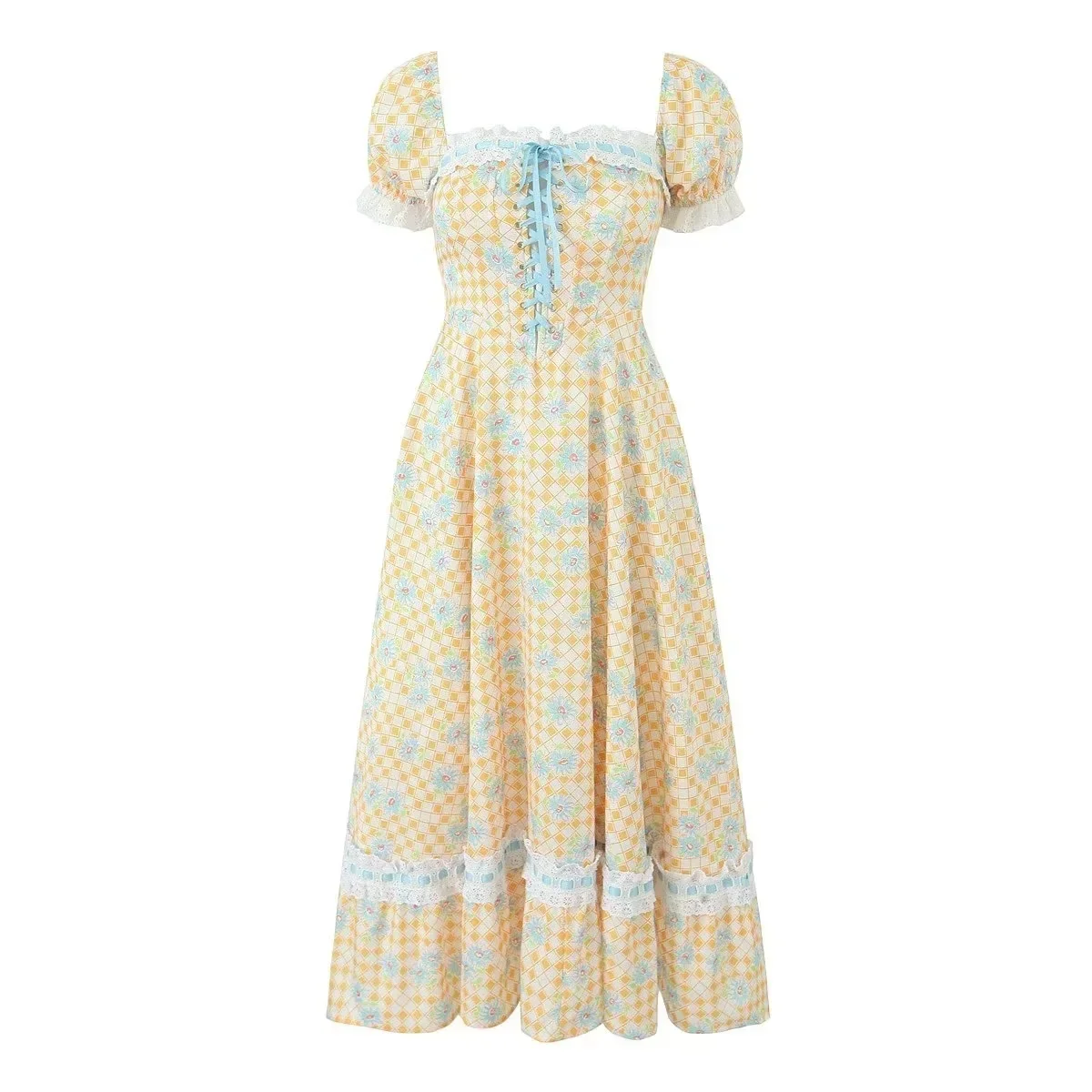 NONSAR French Pastoral Printed Fresh Lacing-up Webbing Dress Women Sweet Gentle Summer Travel Beach Long Victorian Plaid Dress