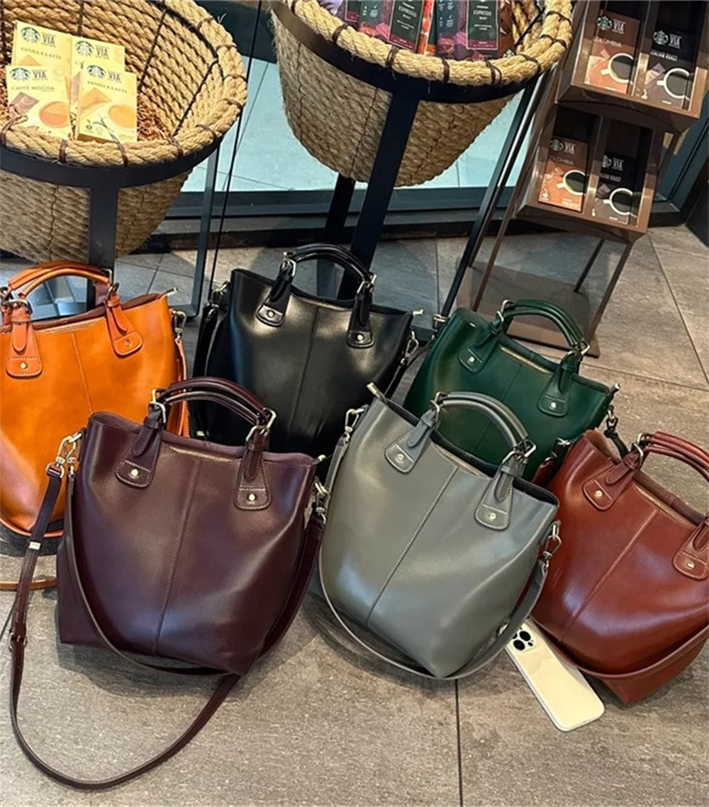 Zency 100% Genuine Leather Handbag Retro Coffee Women Casual Tote Bucket Bag Classic Black Lady Crossbody Messenger Purse Brown