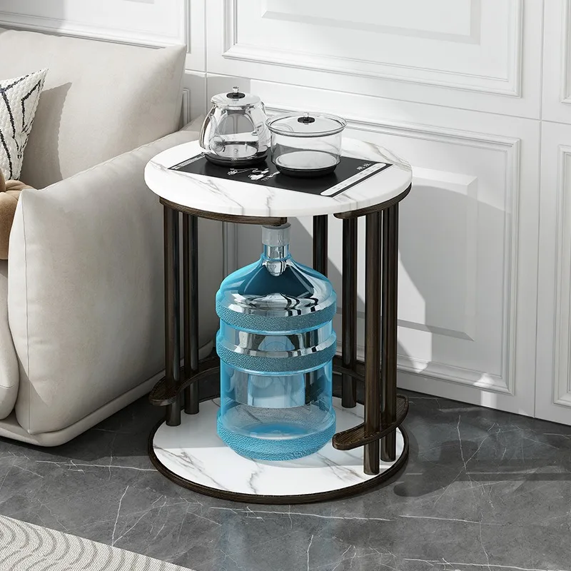 Rock slab pattern solid wood coffee table light luxury round small apartment living room sofa side kettle integrated balcony tea