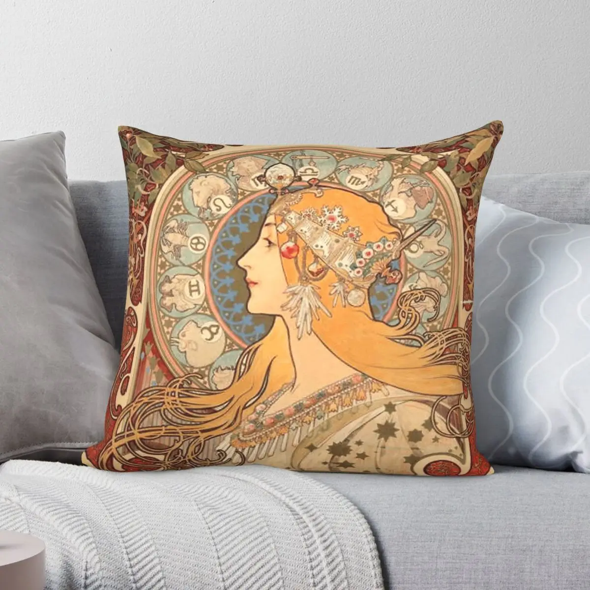 Alphonse Mucha Zodiac Pillowcase Polyester Linen Velvet Creative Zip Decor Throw Pillow Case Home Cushion Cover 18