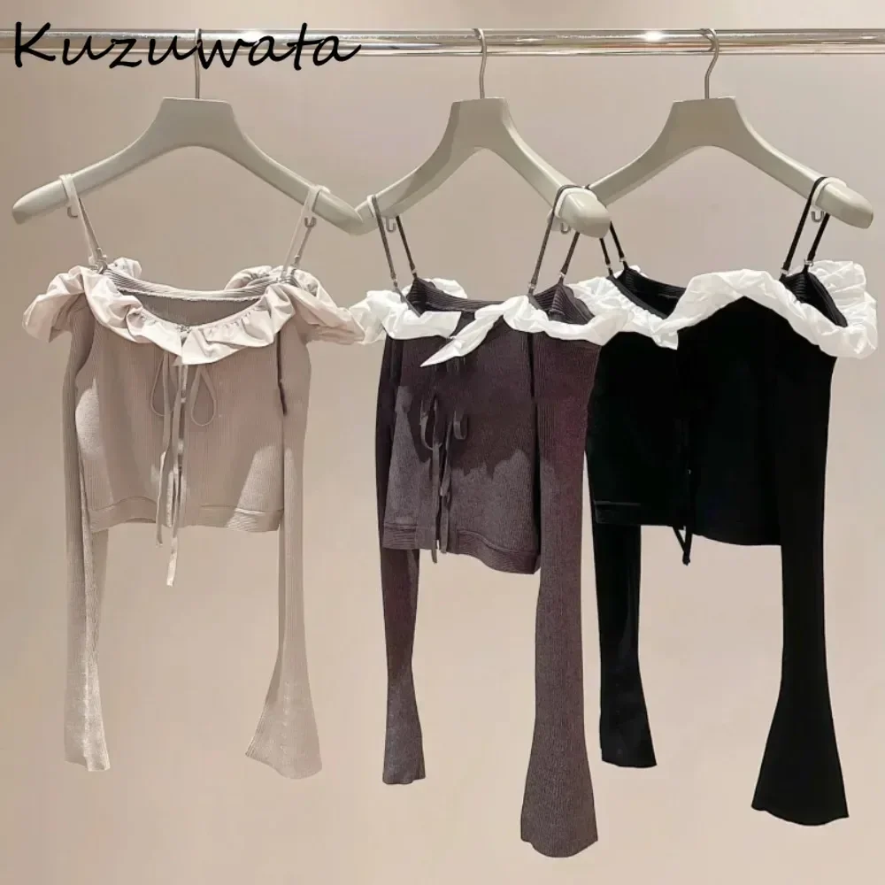 Kuzuwata Casual Slim Slash Neck Flare Sleeve Jumper Ruffles Off Shoulder Lace Up All-match Cardigan Japan Knit New Straps Tops