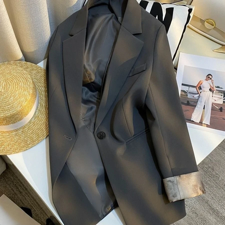 Women's Gray Casual Design Blazer 2026 Spring Unique Cuff Elegant Slim Fit Office Lady Chic Short Jacket Trendy Outerwear