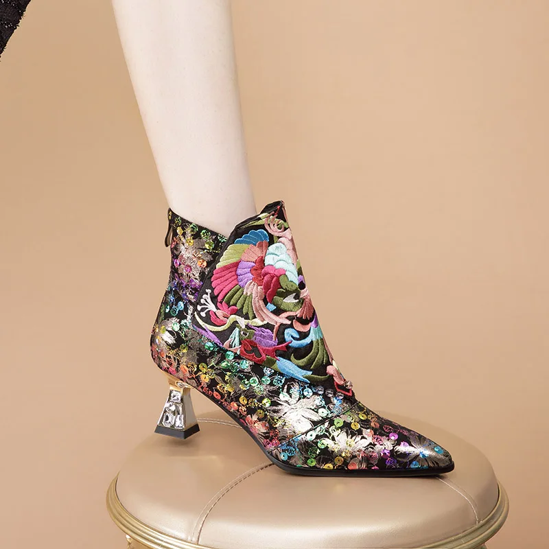 Phoentin Ethnic Floral Embroidery handmade Ankle boots top quality 2023 new pointed toe high Heel short Boot plus size 43 FT2819