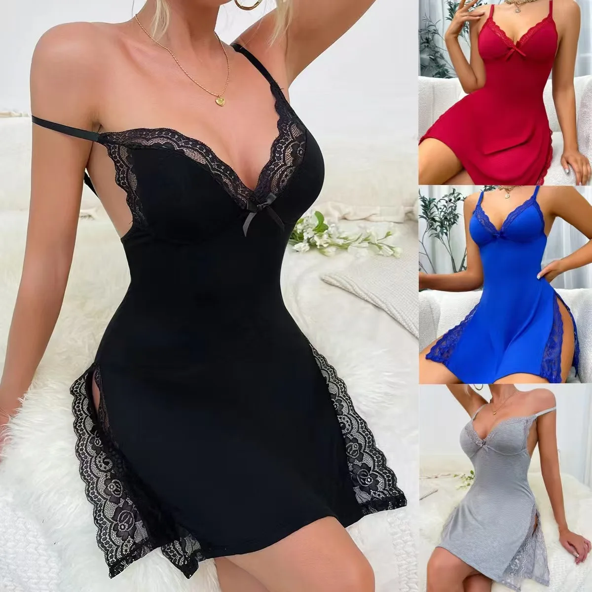 

Sexy Slit Non Modal Sleepwear Lace Strappy Mesh Sleepwear Silky Soft Satin Chemise Pajama Romantic Intimate Nightgown