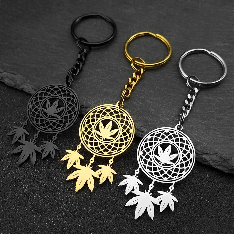 Indian Maple Leaves Dreamcatcher Keychain For Women Men Stainless Steel Gold Color Help Sleep Key Ring Jewelry Amulet