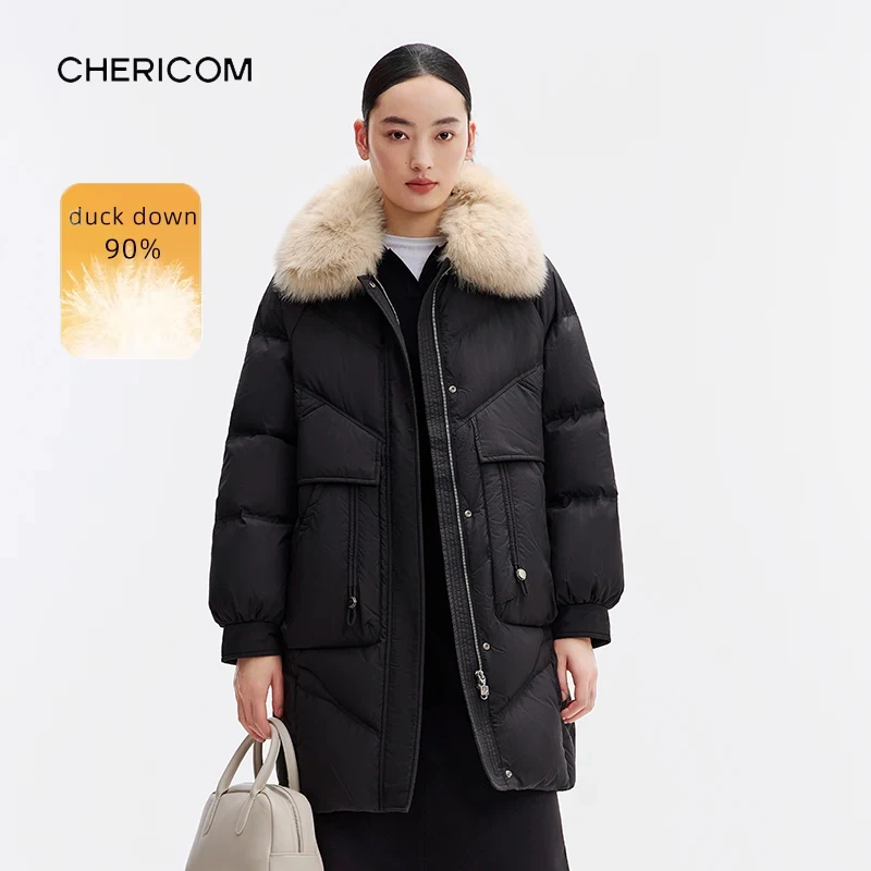 Chericom 겨울 중간 길이 다운 재킷 오리털 충전 폭스 퍼 칼라 플랩 포켓 고급스러운 따뜻한 두꺼운 외투 Y289207B